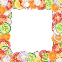 Fresh sliced vegetables watercolor square frame with empty space for text. Tomato, onion, cucumber, red pepper, carrot, radish, and lemon hand drawn illustration isolated background. For menu, recipes vector