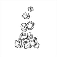 Dynamic ice cubes falling in pile illustration. Frozen water cube line art in black and white. Crystal freezer bricks for beverage labels, sparkling water branding, cocktail menus, posters, vector