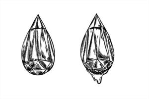 Glass crystal reflecting light isolated ink illustration. Etching drawing of ice drop with diamond facets with falling water drop. Glowing gemstones set for crystallography, skincare packaging vector
