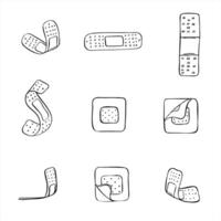 monochrome adhesive bandages in various shapes and sizes set line art black ink sketch. Healing patches for minor wounds graphic sketch illustration. For first aid packaging, medical blogs vector