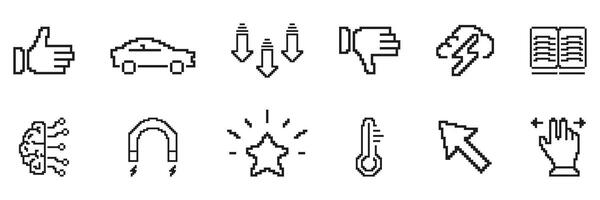 Pixel Art Icon Set. Diverse Retro Symbol Collection For Feedback, Transportation, Energy, Education, And Interaction. Isolated Illustration vector