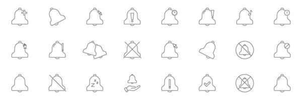 Notification Bell Line Icon Set. Alert, Reminder, And Notification Management Outline Symbol Collection. Includes Mute, Snooze, And Priority Indicators. Editable Stroke. Isolated Illustration vector