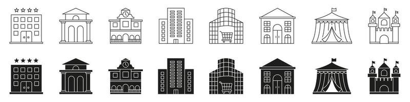 Hotel, Bank, Town Hall, Office, Mall, House, Tent, Castle Line And Solid Icon Set. Building Structures And Architectural Styles Symbol Collection. Urban Spaces. Isolated Illustration vector