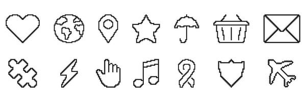 Pixel Art Icon Set Featuring Heart, Globe, Location, Star, Umbrella, Basket, Puzzle, Hand Pixelated Symbol Collection. Isolated Illustration vector