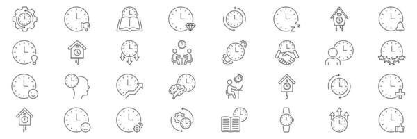 Clock And Time Management Icon Set. Productivity, Efficiency, And Scheduling Outline Symbol Collection. Includes Clocks With Gears, Books, And People. Editable Stroke. Isolated Illustration vector