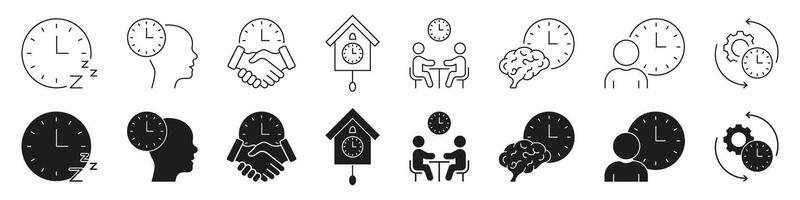 Clock And Time Management Line And Solid Icon Set. Productivity, Scheduling, Efficiency Symbol Collection. Includes Sleep, Brainstorming, Meetings, Workflow Concepts. Isolated Illustration vector