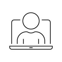 Person On Laptop Screen Line Icon. Virtual Meeting, Online Communication, And Remote Work Outline Symbol. Digital Interaction And Telecommuting. Editable Stroke. Isolated Illustration vector