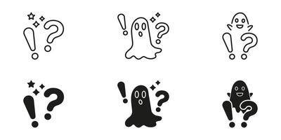 Curiosity, Surprise, Mystery Expression Symbol Collection. Halloween And Emotion Concept. Ghost With Exclamation And Question Marks Line And Solid Icon Set. Isolated Illustration vector
