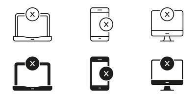 Laptop, Smartphone, And Desktop With Error Symbol Line And Solid Icon Set. Device Error, System Failure, And Connectivity Issue Symbol Collection. Isolated Illustration vector