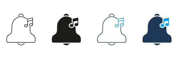 Bell With Music Note Line And Solid Icon Set. Notification Alert, Sound Reminder, And Audio Signal Silhouette Symbol Collection. Ringtone And Alarm Concept. Isolated Illustration vector