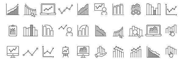 Business Analytics And Data Visualization Line Icon Set. Financial Growth, Market Trends, And Performance Analysis Outline Symbol Collection. Editable Stroke. Isolated Illustration vector