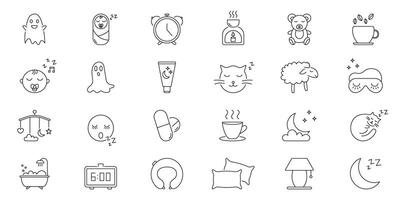 Sleep And Relaxation Line Icon Set. Bedtime Routine, Restful Sleep, And Relaxation Symbols Collection. Sleep Aids, Nighttime Rituals, And Comfort Items. Editable Stroke. Isolated Illustration vector