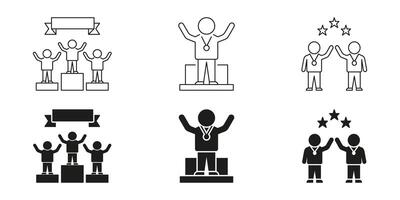 Podium Winners And Medalists Line And Solid Icon Set. Achievement, Victory, And Teamwork Celebration Symbol Collection. Recognition And Success In Competitions. Isolated Illustration vector