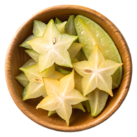 Fresh Star Fruit Slices in Wooden Bowl Overhead View Transparent Background png