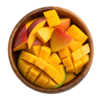 Fresh Mango Cubes in Wooden Bowl Overhead View Transparent Background png