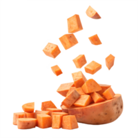 Floating Sweet Potato Cubes Falling into Bowl Transparent Background png