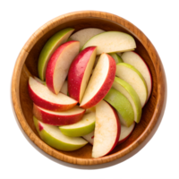 Sliced Apples in Wooden Bowl Overhead View Transparent Background png