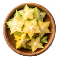 Starfruit Slices in Wooden Bowl Overhead View Transparent Background png