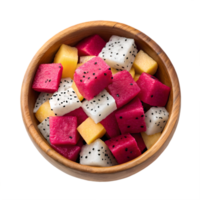 Fresh Dragon Fruit and Mango Salad in Wooden Bowl Transparent Background png