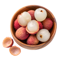 Fresh Lychees in Wooden Bowl Overhead View Transparent Background tropical healthy png