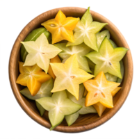 Juicy Starfruit Slices in Wooden Bowl Overhead View Transparent Background png
