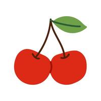 A cartoon drawing of two cherries with a leaf on top. The cherries are red and the leaf is green vector