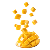 Fresh Mango Cubes Falling on a Half Mango Transparent Background png