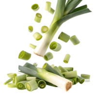 Fresh Leeks Falling in Mid Air Isolated on Transparent Background png