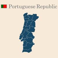 Illustration of a map of portugal divided into states and territories. White flat map with black borders on a white background, featuring the national flag. Map Europe vector