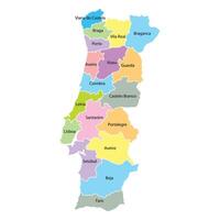 Portugal map background with regions region names and cities in color. White flat design isolated on a white background. Highly detailed illustration Europe vector