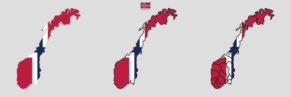 Norway map with regions, flag overlay, and contour map. background with regions, region names and cities in color. White flat design isolated on a white background. Highly detailed illustration Europe vector