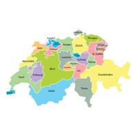 Switzerland map background with regions, region names and cities in color. White flat design isolated on a white background. Highly detailed illustration Europe vector