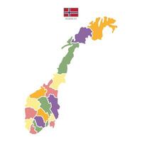 Colored map of Norway territories, featuring states and borders. White flat design isolated on white background. Highly detailed illustration map Europe vector