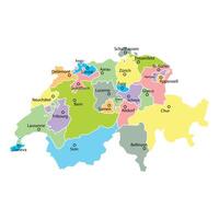 Switzerland map background with regions region names and cities in color. White flat design isolated on a white background. Highly detailed illustration Europe vector