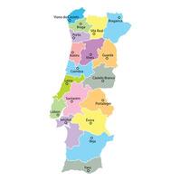 Portugal map background with regions, region names and cities in color. White flat design isolated on a white background. Highly detailed illustration Europe vector