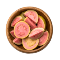 Fresh Guava Slices in Wooden Bowl Overhead View Transparent Background leaf png