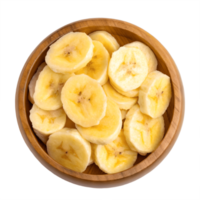 Sliced Bananas in Wooden Bowl Overhead View Transparent Background png