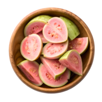 Fresh Guava Slices in Wooden Bowl Overhead View Transparent Background vegetable png