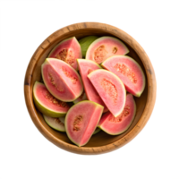 Fresh Guava Slices in Wooden Bowl Overhead View Transparent Background green png