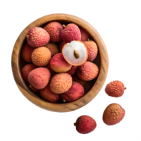 Fresh Lychees in Wooden Bowl Overhead View Transparent Background ripe png