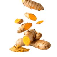 Falling Turmeric Roots and Powder Transparent Background png