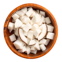 Fresh Diced Coconut in Wooden Bowl Overhead View Transparent Background png