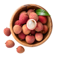 Fresh Lychees in Wooden Bowl Overhead View Transparent Background tropical tropical png