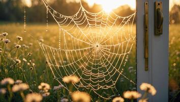 A spider web is seen in a field with dew on it photo