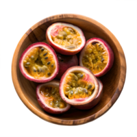 Fresh Passion Fruit Halves in Wooden Bowl Transparent Background png