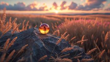 Capturing Sunset Tree Reflection in Glass Sphere on Rock in Field photo