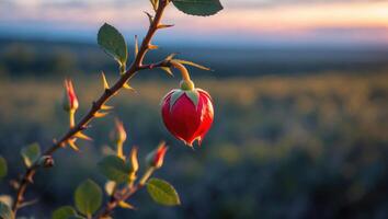 Rosehip Growing on Thorny Branch at Sunset with Soft Light photo