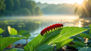 Caterpillar Crawling on Green Leaf Near Calm Lake at Sunrise photo