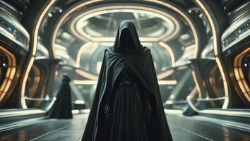 Figure in Cloak Walking on Futuristic Platform with Metallic Architecture photo