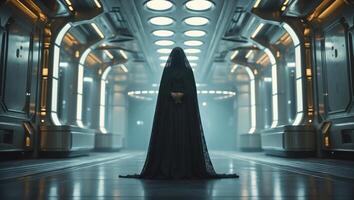 Veiled Figure Standing in a Futuristic Hallway with Lit Ceiling photo